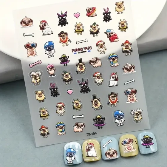 5D-поліуретанові наліпки для нігтів «Мопси» — аркуш 8×9,6 см Київ