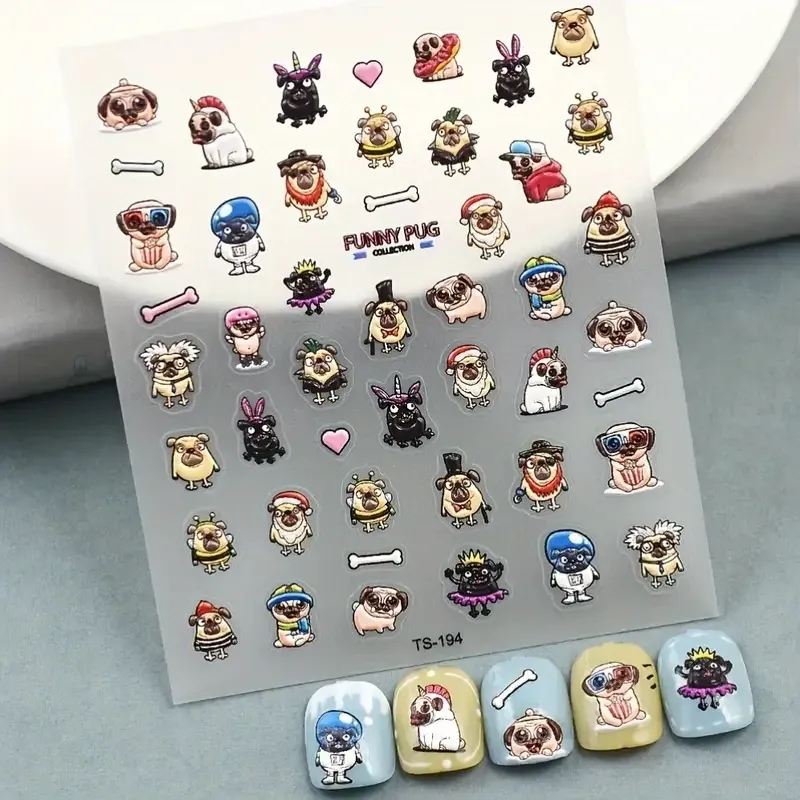 5D-полиуретановые наклейки для ногтей «Мопсы» — лист 8×9,6 см Киев - изображение 5