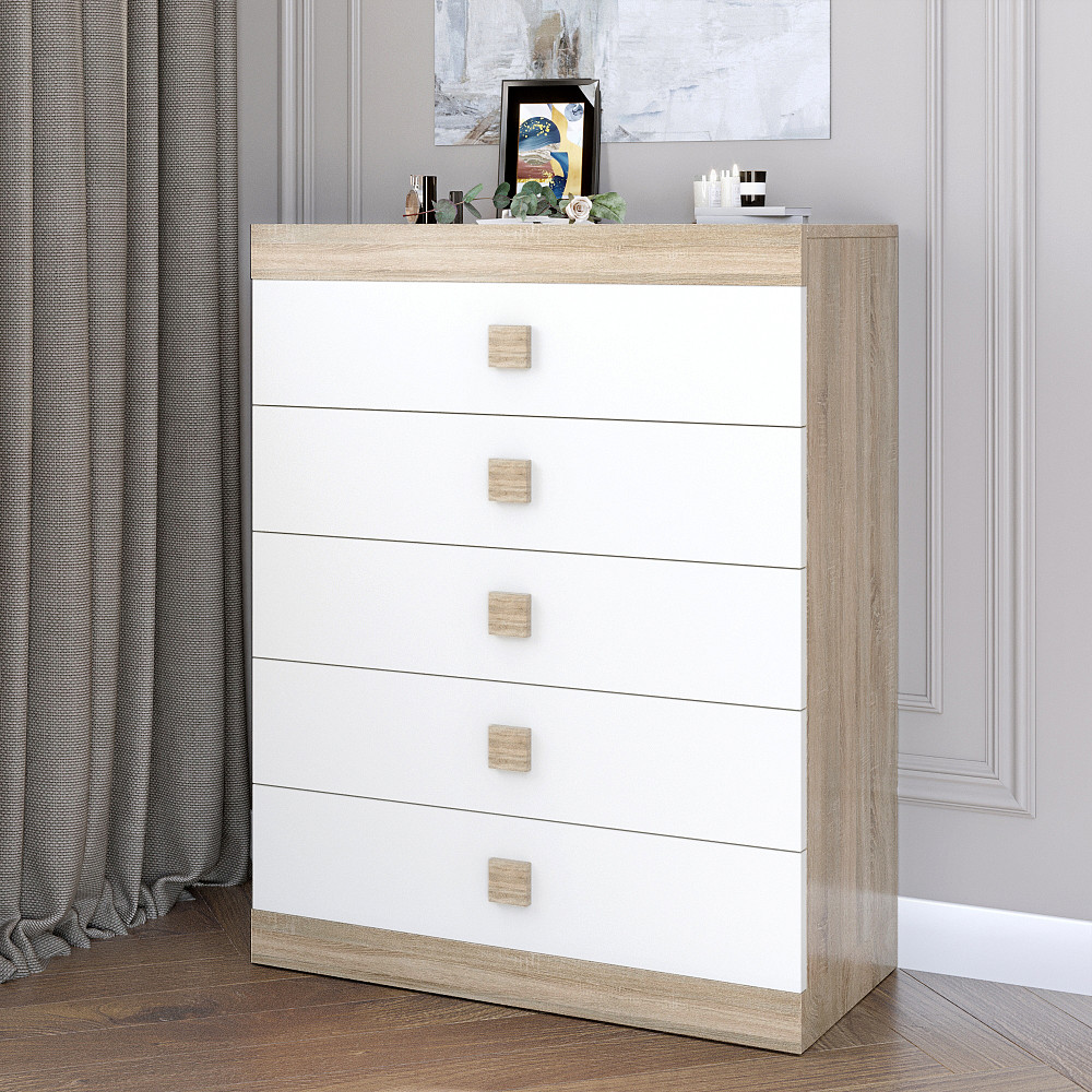 Высокий комод Эверест на 5 ящиков Соната-2 80х38х101 дуб сонома + белый (DTM-2019) Днепр - изображение 1