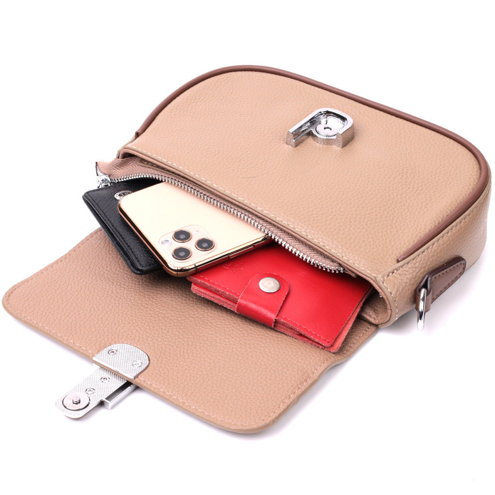 Женская полукруглая сумка с интересным магнитом-защелкой из натуральной кожи Vintage 22440 Бежевая Киев - изображение 9