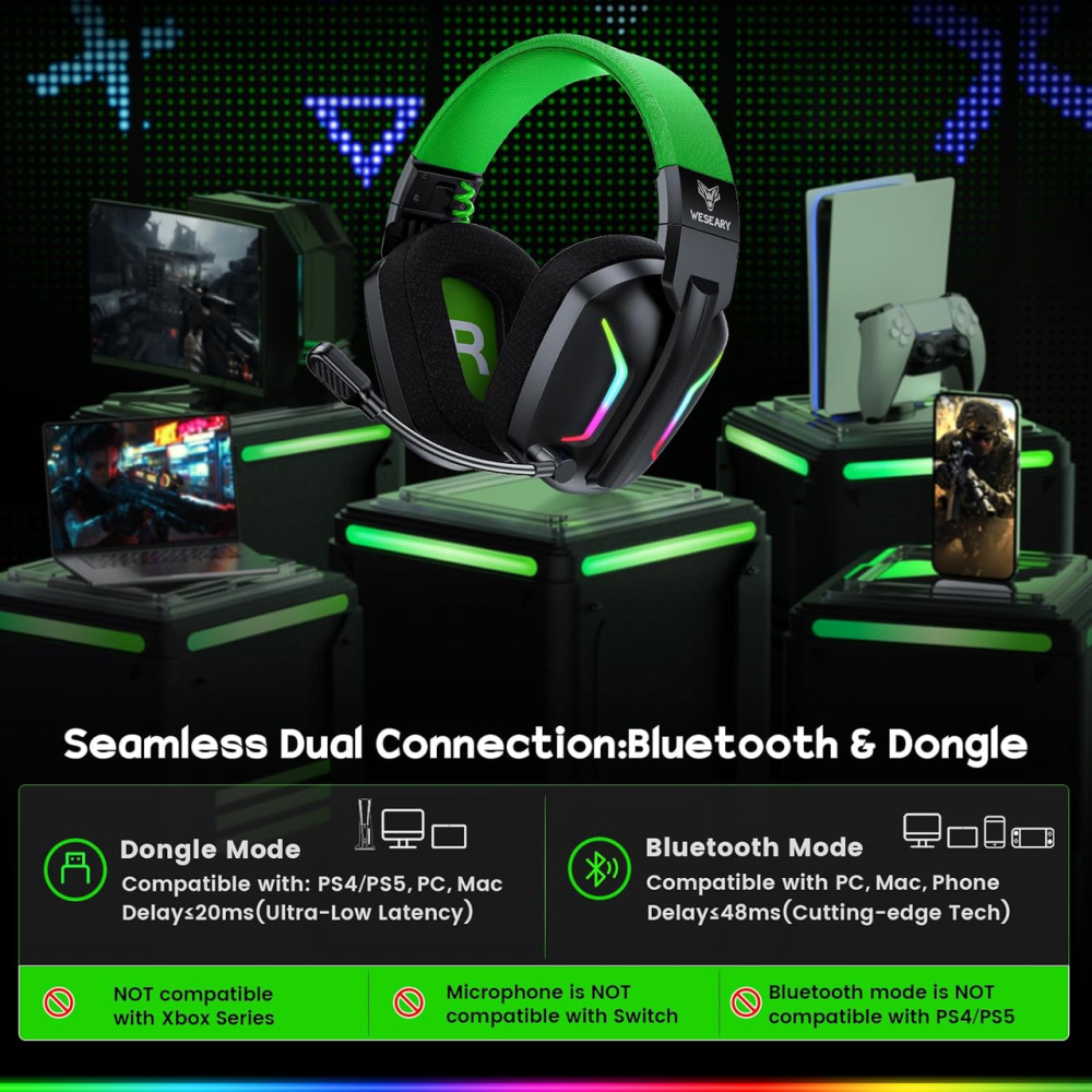Бездротова ігрова гарнітура WESEARY WG1 2.4 ГГц Bluetooth для PS5 PS4 ПК Switch Mac, 50 годин, зелена Київ - фото 4