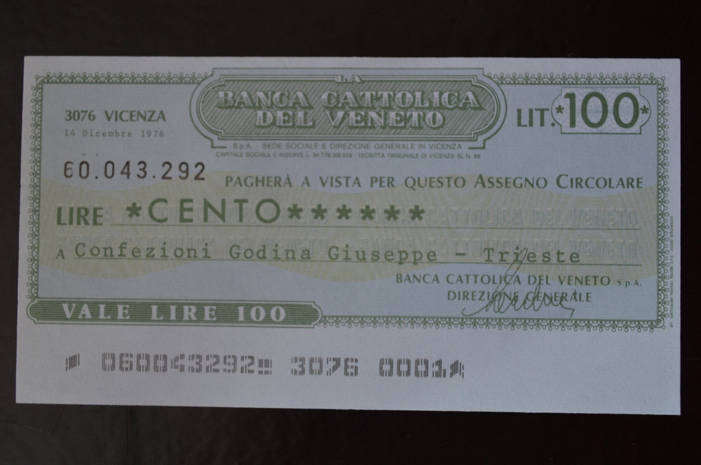 Чек. Италия 100 Лир 1976год (ЧК-1) ЛОТ 25 Полтава - изображение 1