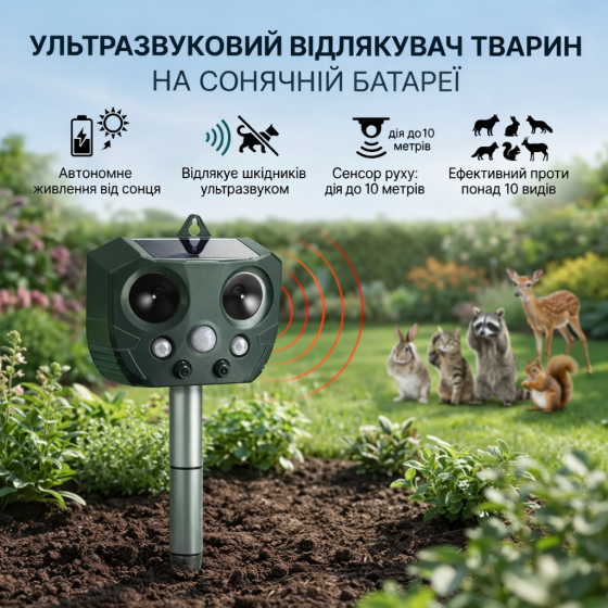 Солнечный ультразвуковой отпугиватель вредителей B-Lynn водонепроницаемый PIR 110° до 8м для животных сада/двуру Киев
