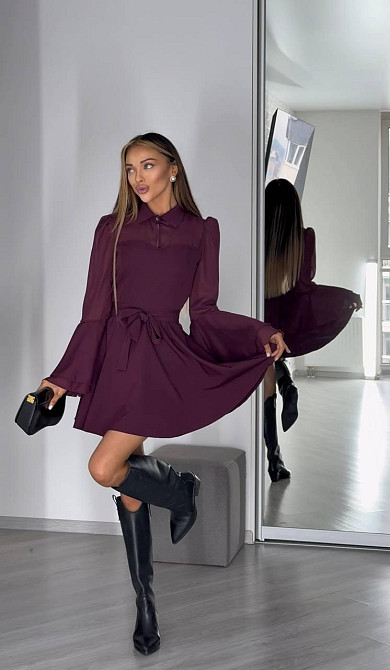 Женское нежное платье с шифоновыми рукавами и воланами костюмка + шифон Марсал, 42/44 Одесса - изображение 7