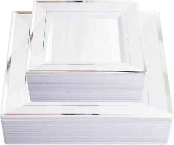 Набор тарелок пластиковых 12 шт,десертные 16.5 см и обеденные 24 см,квадратные с серебристым контуром Каменец-Подольский