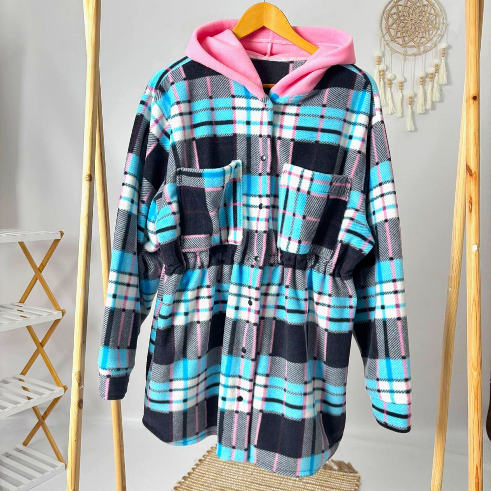 Тепла жіноча флісова сорочка-пальто в рожеву клітинку клітинку з капюшоном Кам'янець-Подільський - фото 1
