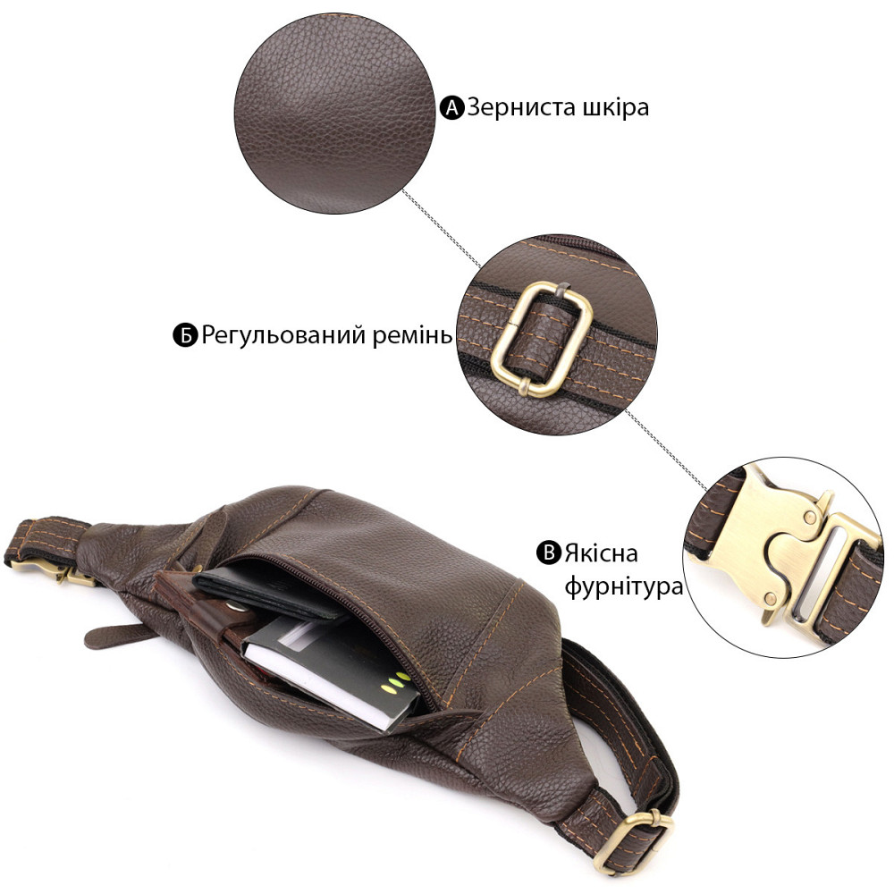 Модная сумка-бананка для мужчин из натуральной зернистой кожи Shvigel 23128 Коричневый Киев - изображение 7