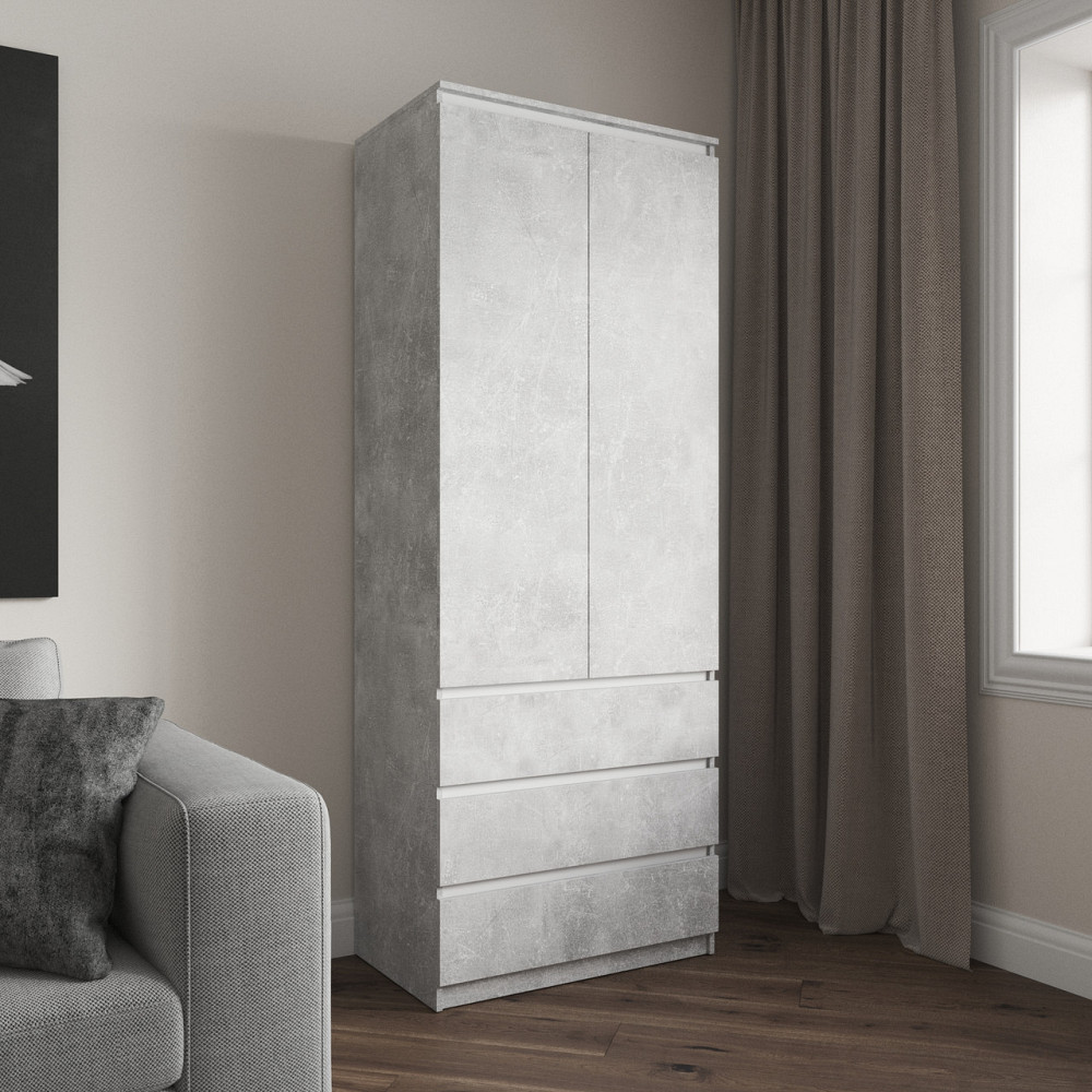 Шкаф для одежды VAYS R-16 Бетон-Белые планки, 3 ящика, полки, без ручек, ЛДСП, 80×50×211 см – для спальни, гостиной, прихожей Львов - изображение 1