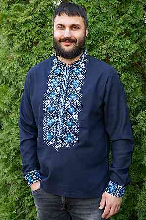 Вышиванка мужская, льняная, с длинным рукавом, темно-синяя, лен   , топ 64 Киев