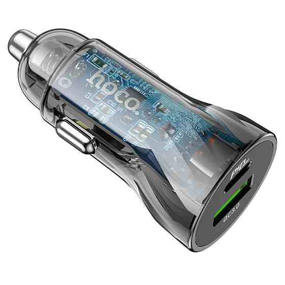 Автомобільний зарядний пристрій HOCO Z47A Transparent Discovery Edition dual port PD30W+QC3.0 car charger set(C to iP) Transparent Black (693147478229 Київ