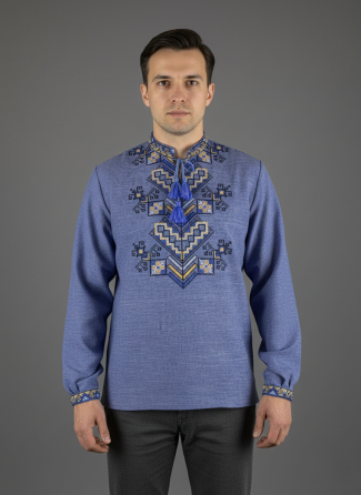 Чоловіча вишиванка у джинсовому кольорі на довгий рукав Київ
