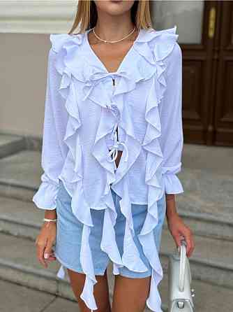 Жіноча стильна блуза "Медуза" з воланами американський креп жатка Білий, 46/48 Одеса