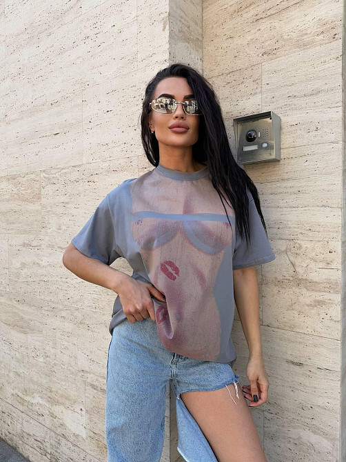 Женская стильная оверсайз футболка с накатом турецкий кулир Пепел Одесса - изображение 1