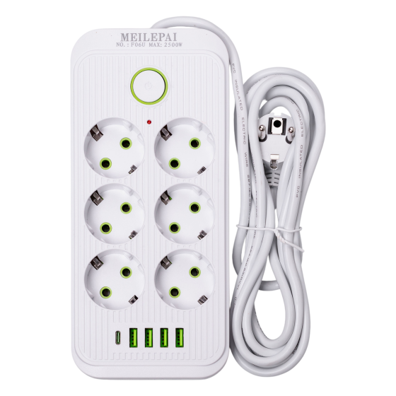 Сетевой фильтр 3 м удлинитель F06U на 6 розеток 4 USB 1 Type-C и кнопкой отключения Белый HP-5-23 Киев