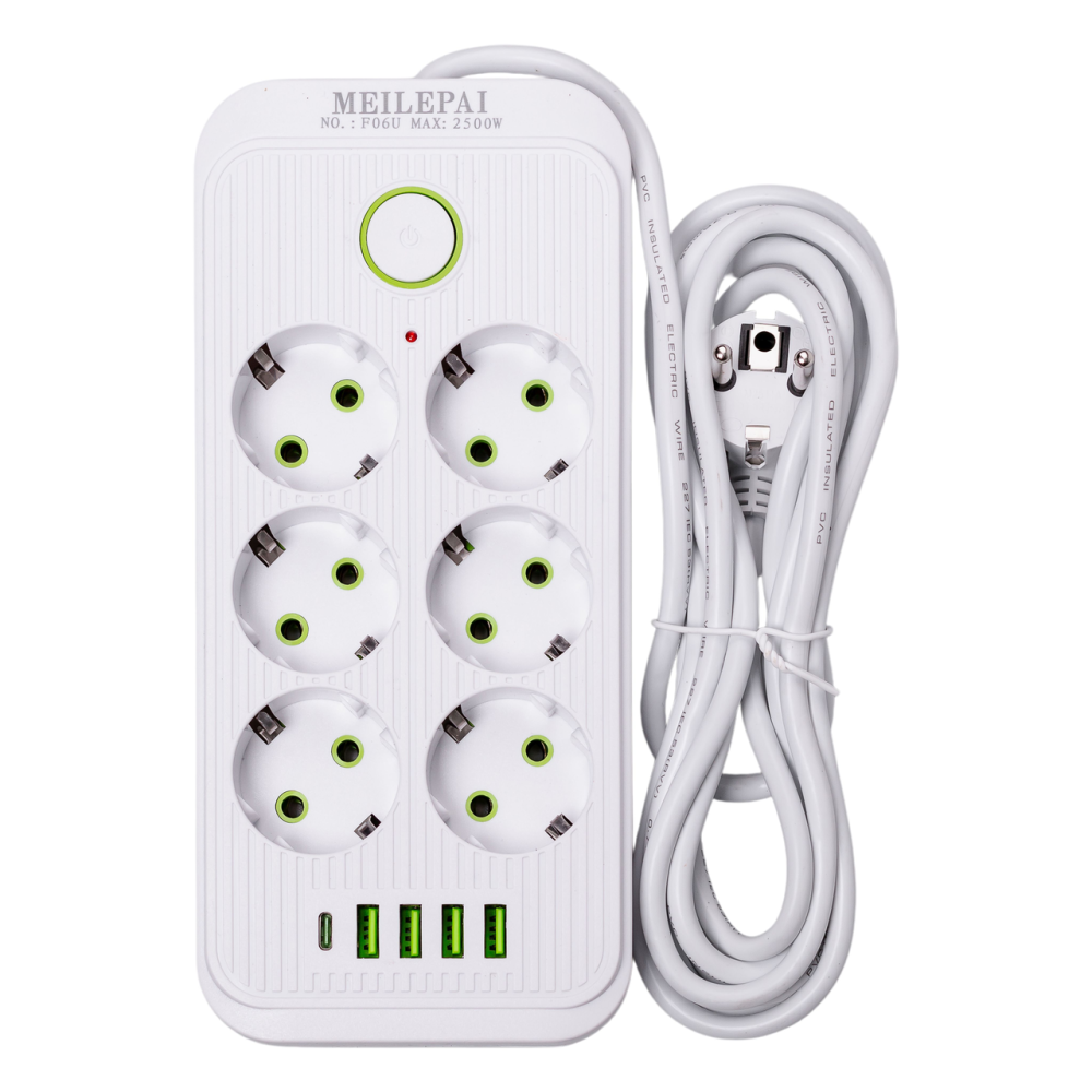 Сетевой фильтр 3 м удлинитель F06U на 6 розеток 4 USB 1 Type-C и кнопкой отключения Белый HP-5-23 Киев - изображение 1