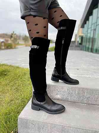 Vesna Ботфорти жіночі VESNA чорні шкіра+замша натуральна висота 53 см обхват 35-37 см розмір 39 Коломия