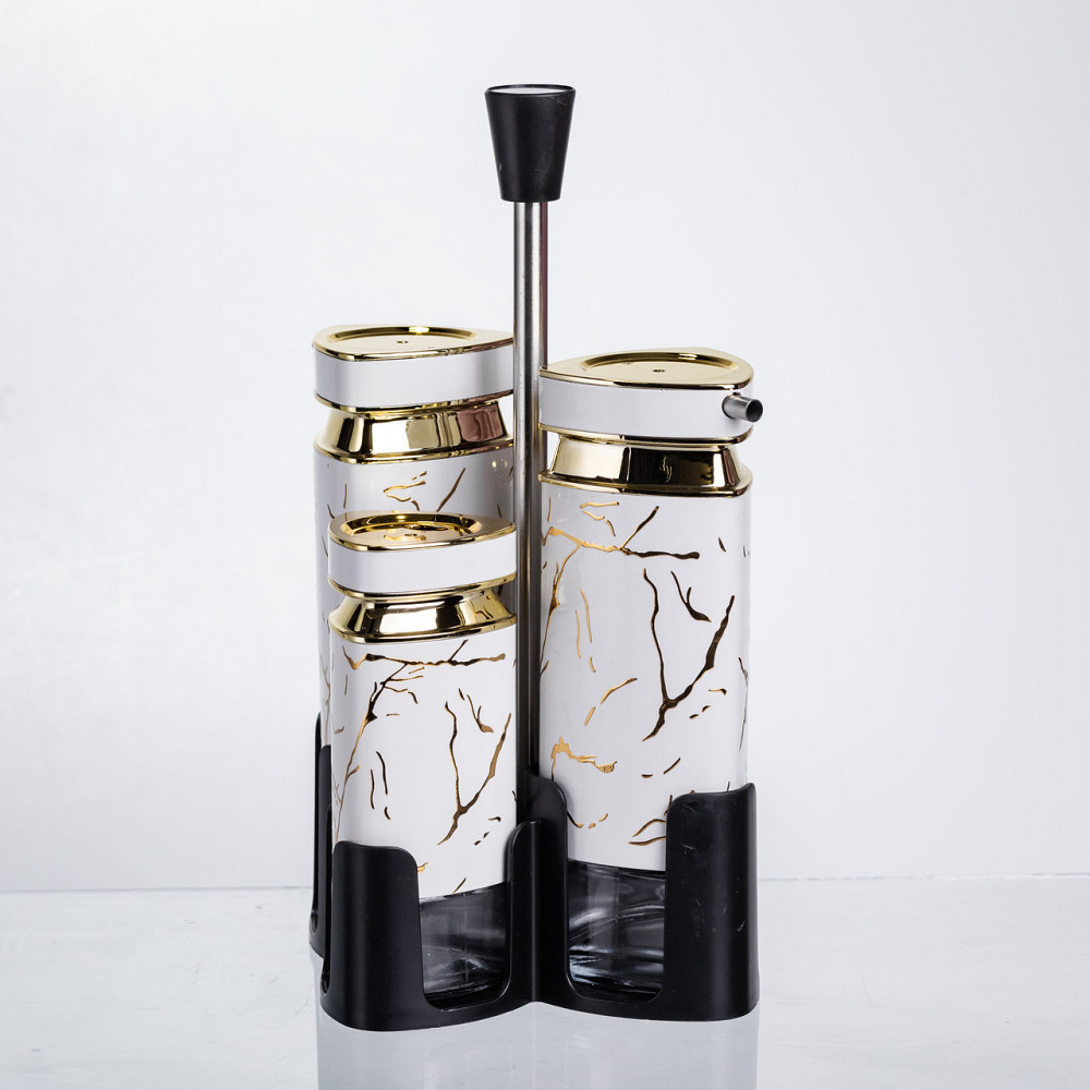 Yiwu Набір баночок для спецій і рідких текстур 4 предмети на підставці білий мармур HP-1331 Коломыя - изображение 1