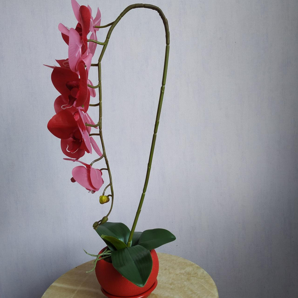Штучна латексна орхідея VIP у червоному керамічному кашпо на одну гілку червона Дніпро - фото 4