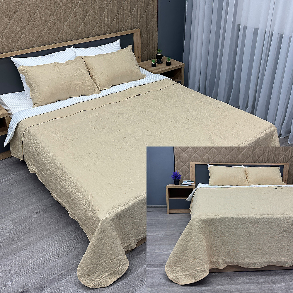 Покривало стьобане з наволочками Expo Trade листя 220x220 (+-10 см) бежевий (85-150) Київ - фото 1