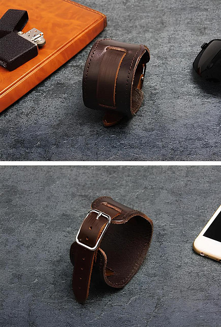 Шкіряний браслет для годинника RESTEQ 48 мм — широкий коричневий ремінець з натуральної шкіри, стильний змінний ремінь для Київ - фото 4