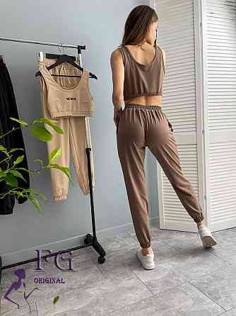 Легкий трикотажний костюм-двійка "Не беси" оптом | Розпродаж моделі Капучіно, 46-48 Київ