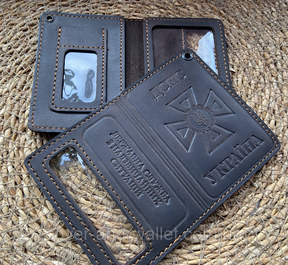 Шкіряна обкладинка ДСНС із відділенням для жетону коричневого кольору Puos Київ - фото 10