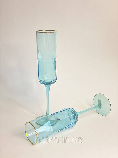 Келих для шампанського "Блакитна Геометрія" 250мл OLGS1001-1 блакитний із золотою облямівкою Київ - фото 3