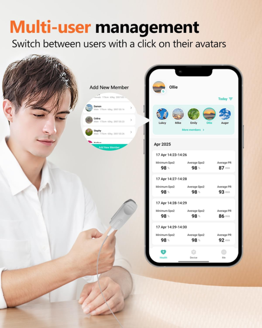 Пульсоксиметр аккумуляторный на палец HealthTree JKS50F Bluetooth — Портативный оксиметр с OLED-дисплеем и памятью (НТ-JKS50F) Киев - изображение 6