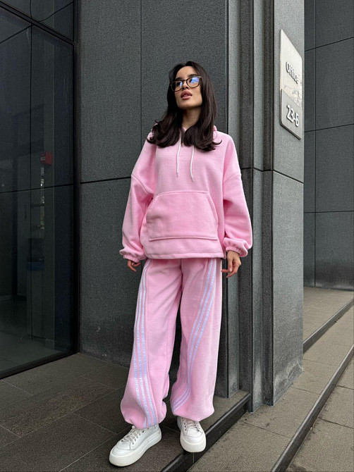 Женский теплый костюм двойка с лампасами из турецкого флиса Розовый, 46/48 Одесса - изображение 2