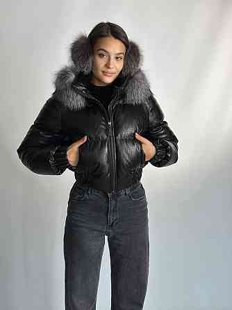 Жіночий зимовий пуховик короткий чорний з натуральним хутром Харків