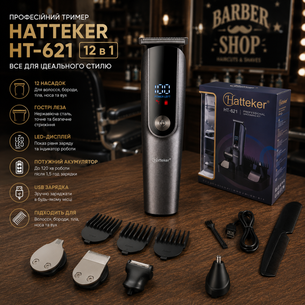 Машинка для стрижки волос HATTEKER HT-621 12 в 1, профессиональный триммер для волос, бороды, тела, носа и ушей, LED-дисплей Киев - изображение 10