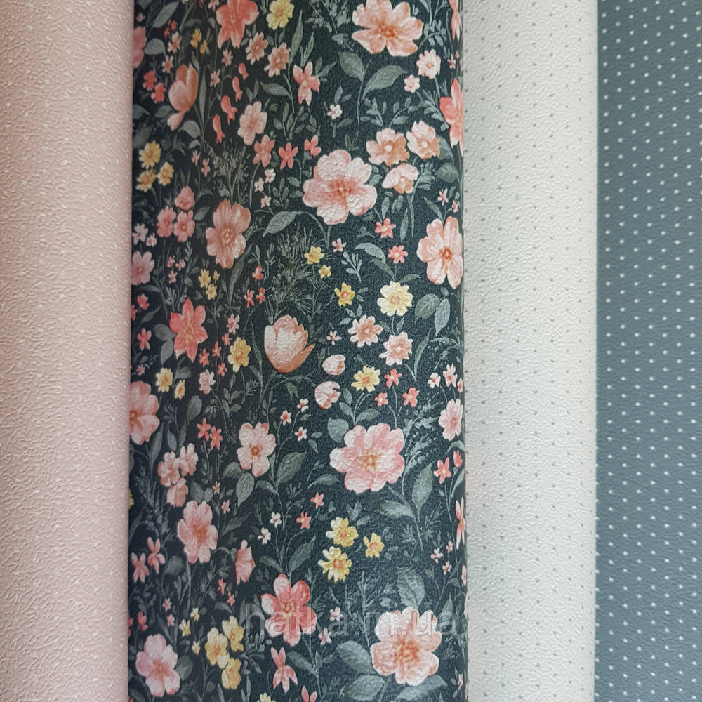 Шпалери вінілові на флізелін 0.53х10.05 Rasch Textil Petite Fleur 5 квіти маленькі рожеві жовті на сірому Київ - фото 2