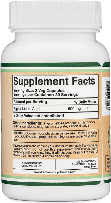 Альфа-ліпоєва кислота Double Wood Alpha Lipoic Acid 600 mg (на 2 капсули), 60 capsules Луцьк - фото 3