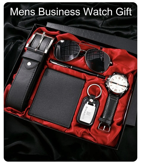 Подарочный набор для мужчин 6 в 1 (часы, очки, ручка, ремень, кошелек, брелок), черный, подарочная коробка Киев - изображение 1