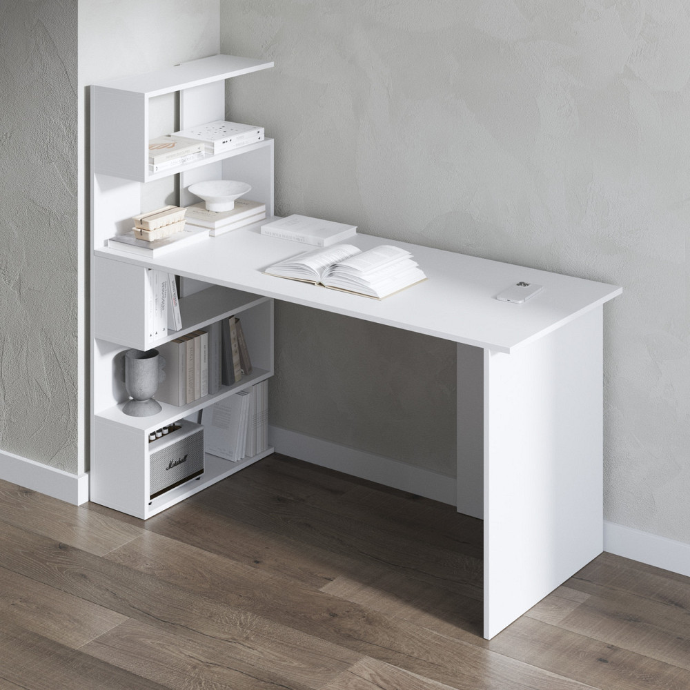 Компьютерный стол VAYS M-24 Белый, письменный с полками слева, ЛДСП, 142×60×123 см – для дома, учебы, офиса Львов - изображение 1