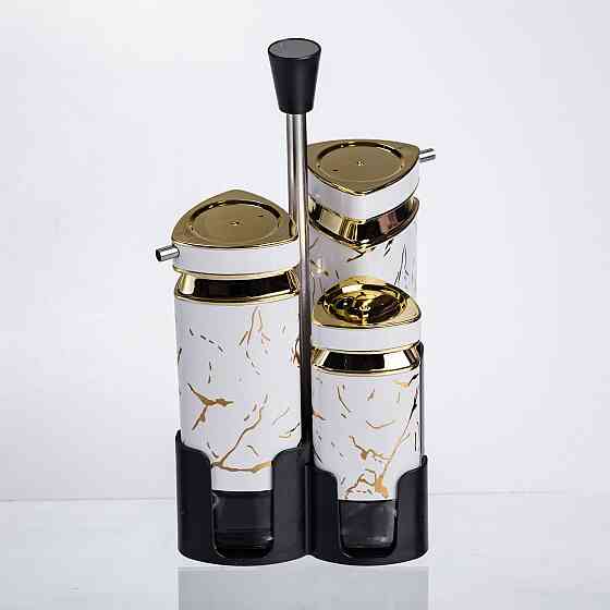 Набір баночок для спецій і рідких текстур 4 предмети на підставці білий мармур HP-1331 Київ
