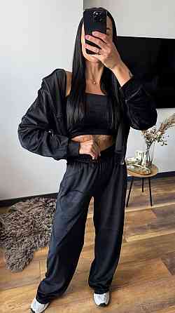 Женский плюшевый прогулочный костюм тройка: кофта топ и штаны велюр Черный, 44/46 Одесса