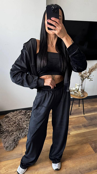Женский плюшевый прогулочный костюм тройка: кофта топ и штаны велюр Черный, 44/46 Одесса - изображение 1