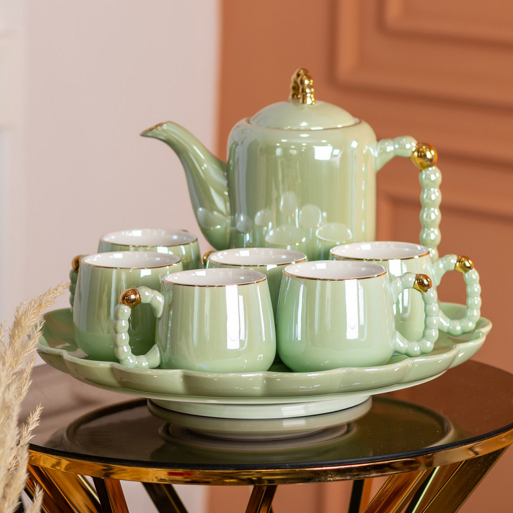 Чайний набір на 6 персон з заварником і підставкою зелений Київ - фото 5