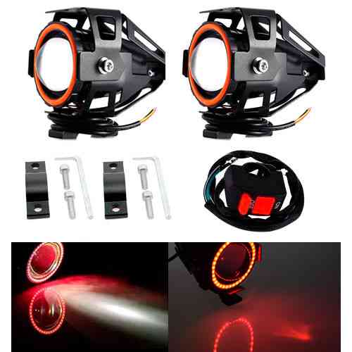 Фари прожектори для мотоцикла U7 LED 12В 3000лм Angel Eyes червоні і кнопка Київ