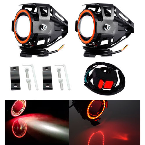 Фари прожектори для мотоцикла U7 LED 12В 3000лм Angel Eyes червоні і кнопка Київ - фото 2