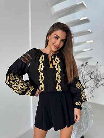 Женская стильная вышиванка с золотой вышивкой и с кружевными вставками 80% хлопок, 20% полиэстер. Одесса