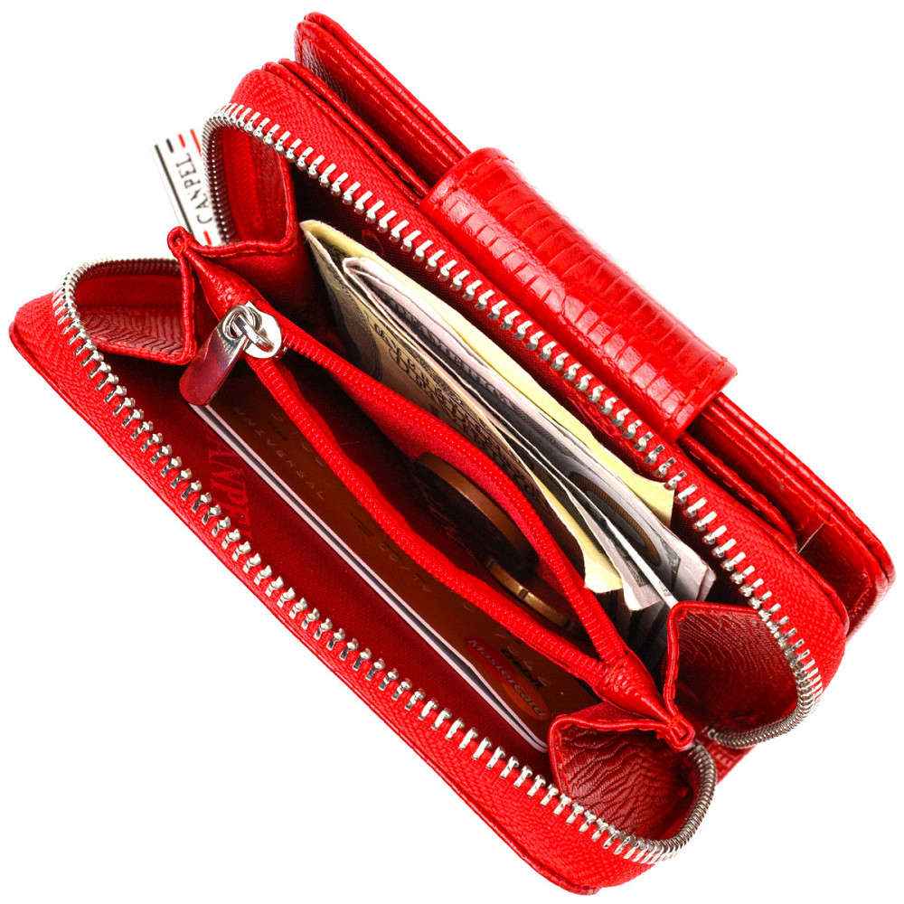 Фактурне жіноче вертикальне портмоне з монетницею на блискавці з натуральної шкіри з тисненням CANPELLINI 21731 Червоне Київ - фото 4