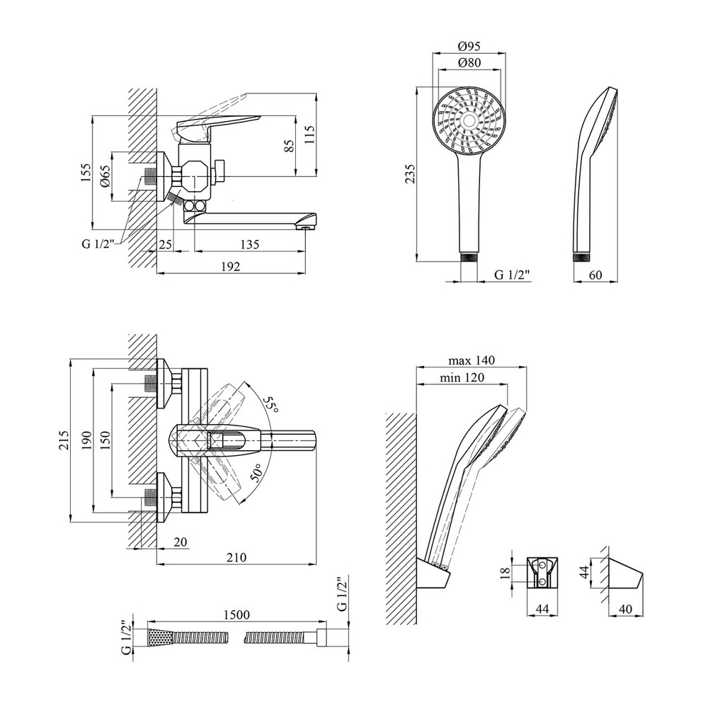 Змішувач для ванни Kroner KRM Kante - C060 з душовим гарнітуром, хром Київ - фото 2