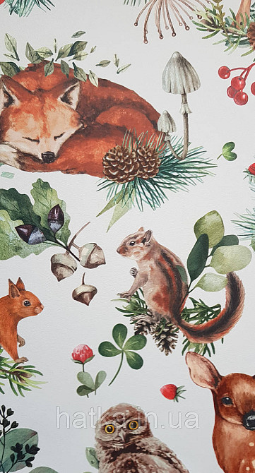 Шпалери флізелінові еко Rasch Kids World 0.53х10 дитячі косулі білки лисиці птиці шишки ягоди на білому Київ - фото 3