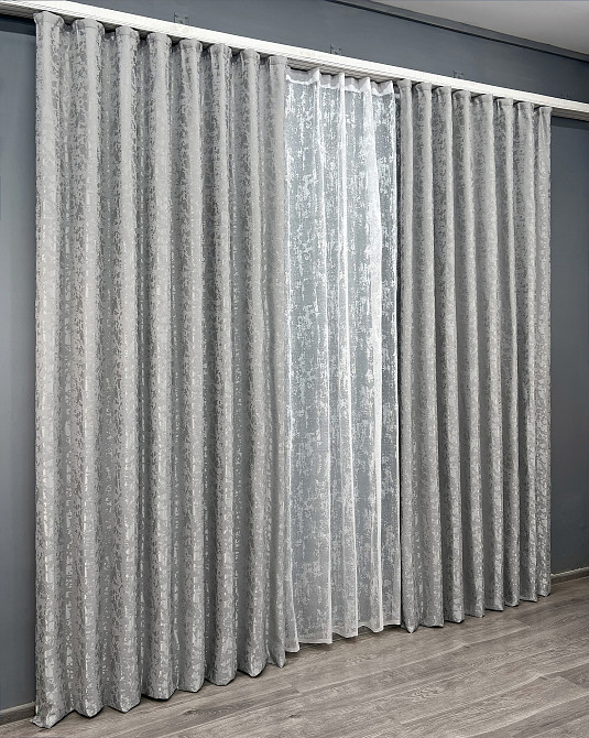 Комплект штор VR-Textil Льон Мармур 200х270 2шт і Тюль 500х270 1263ш-1400т Світло-сірий з білим 71-133/6 Київ - фото 3