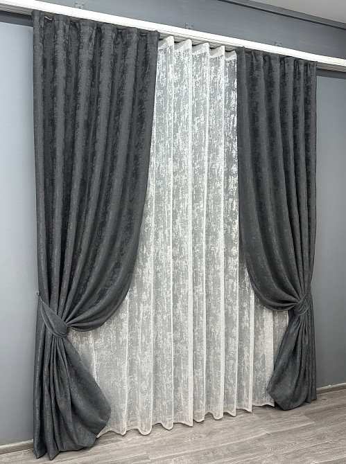 Комплект штор VR-Textil Жаккард Мрамор 200х270 2шт и Тюль 600х270 1123ш-1400т Графитовый с белым 71-003/7 Киев - изображение 2