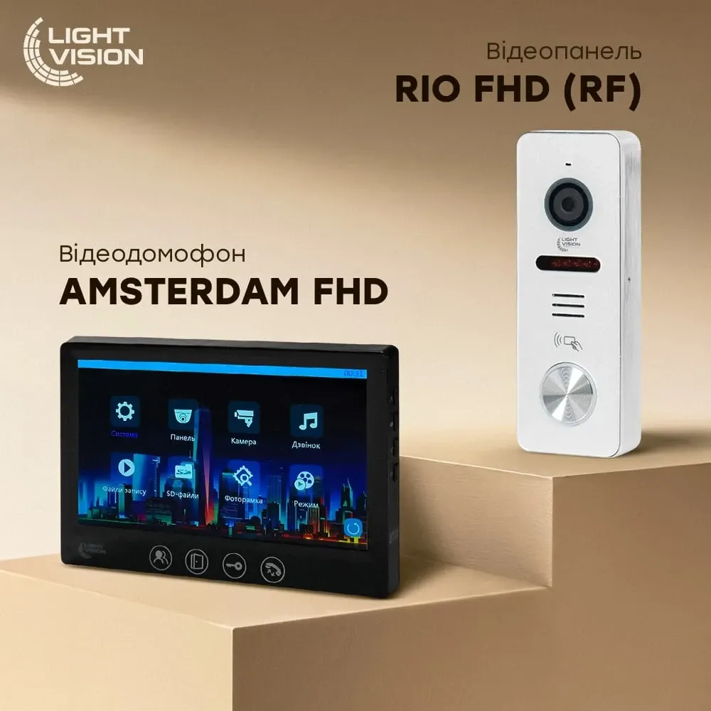 Комплект відеодомофона Light Vision: домофон 7" AMSTERDAM FHD Black та відеопанель 2Mp RIO FHD (RF) White зі зчитувачем Mifare Київ - фото 9