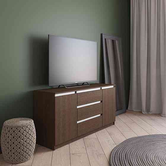 Комод під телевізор VAYS R-15 Венге Темний-Білі планки, 3 шухляди та 2 відділення з полицями, без ручок, ЛДСП, 140×40×75 см - для спальні, вітальні Львів