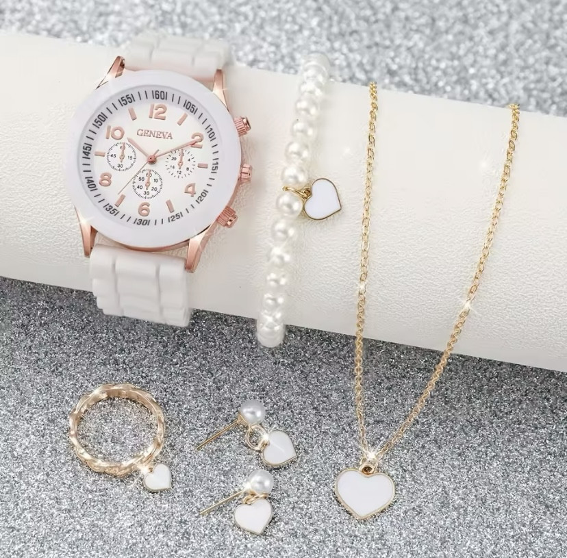 Подарочный набор для женщин сердце наручные часы браслет кольцо ожерелье и серьги без подарочной коробки белый Киев - изображение 2